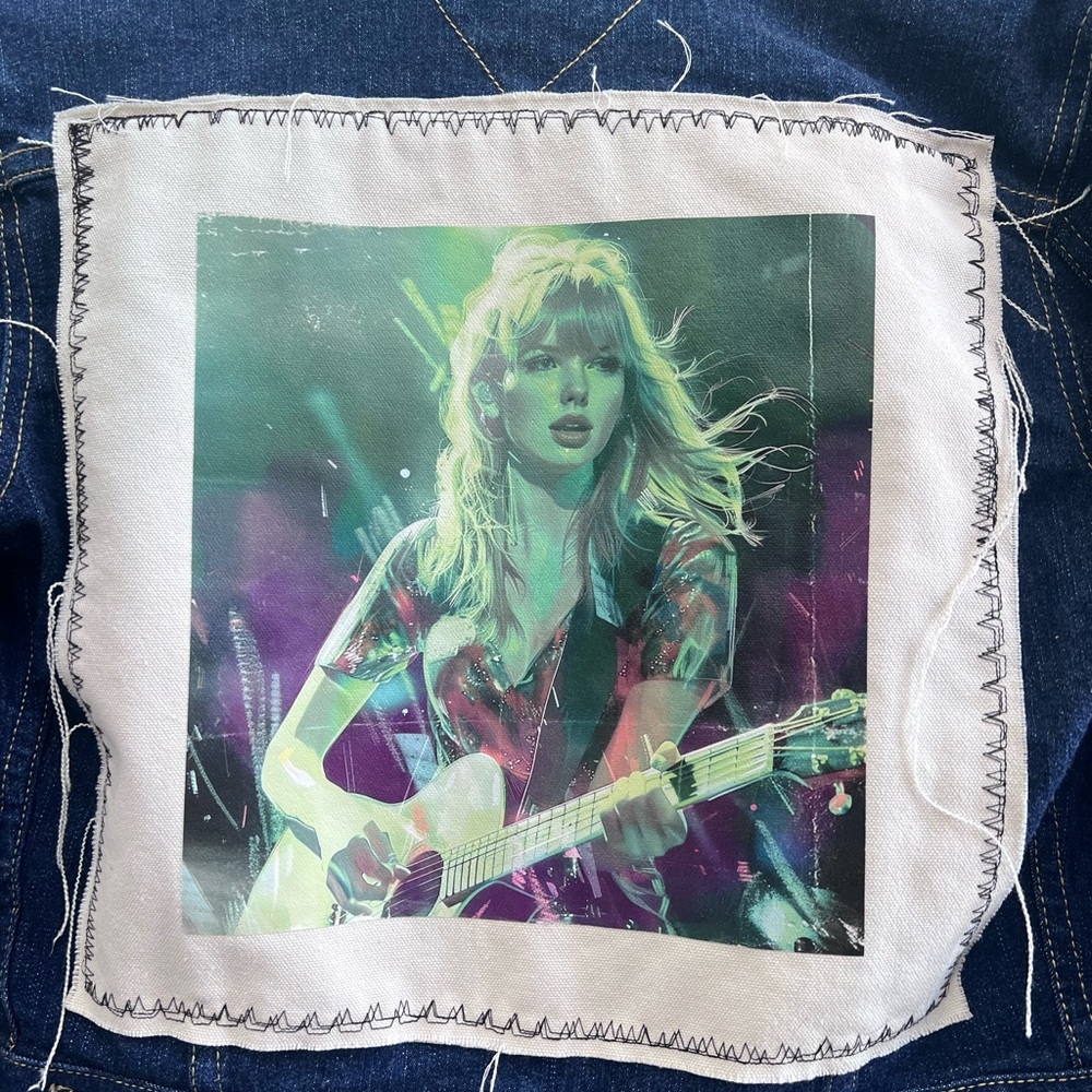 Upcycled T Swift Graphic Patch with Musician Design Upcycled Jean Jacket.